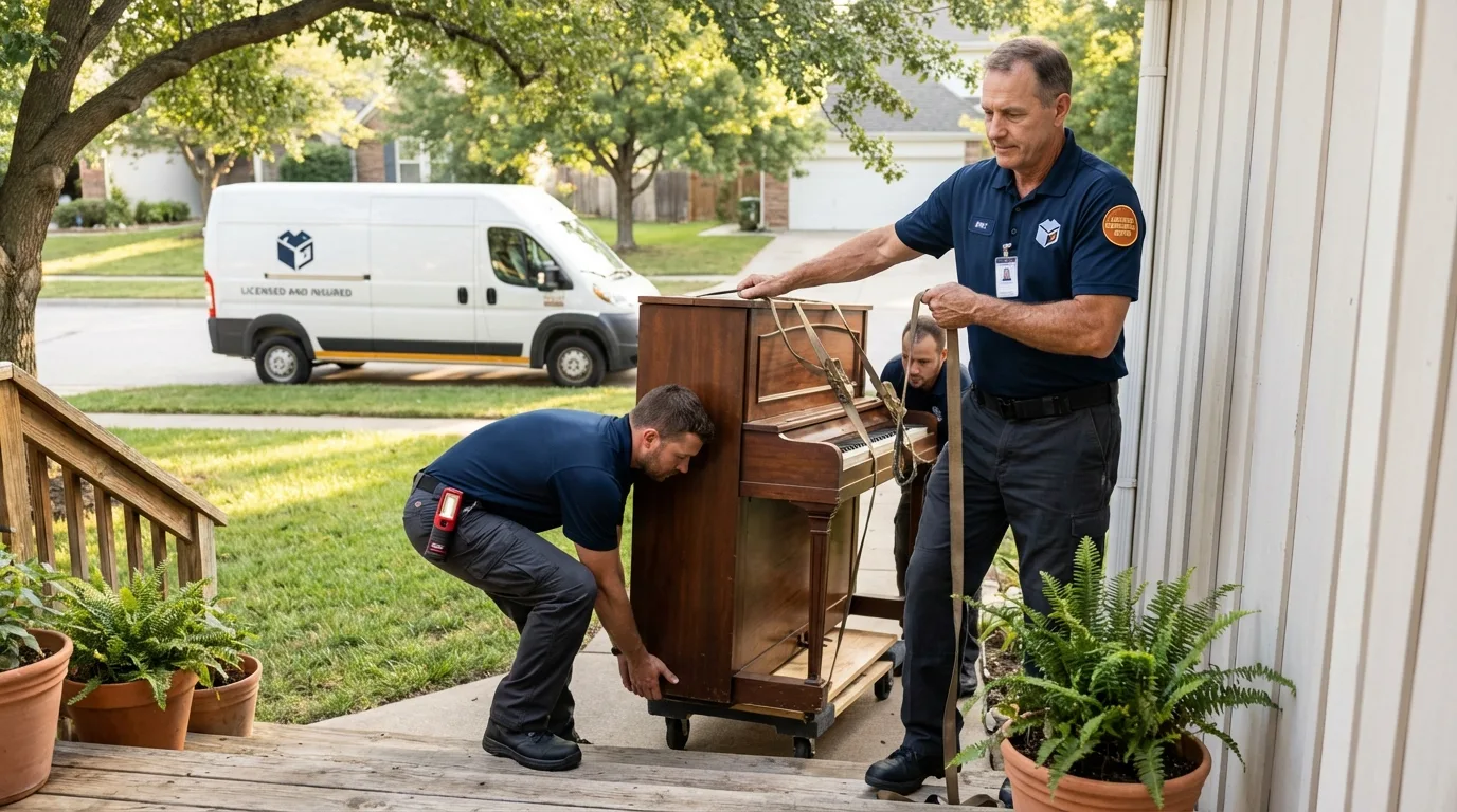 Licensed piano movers securing grand piano in Campo, CA
