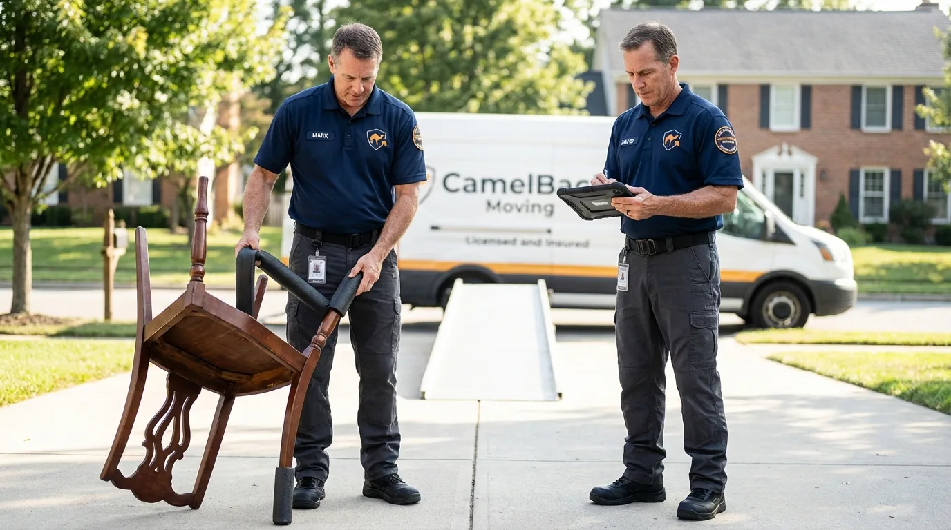 Movers inspecting furniture for damage prevention before loading in Campo, CA