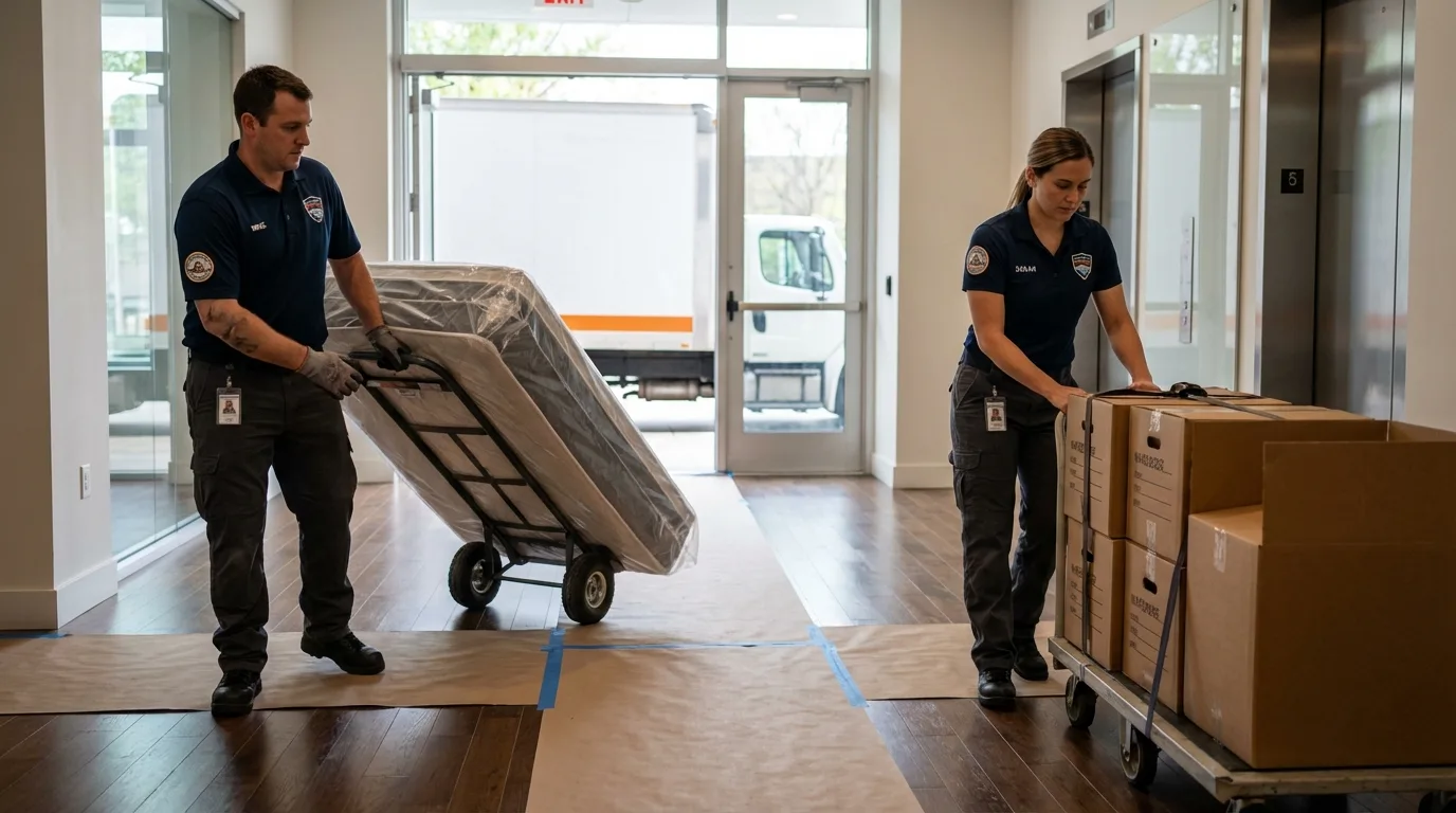 Professional apartment movers loading elevator in Campo, CA